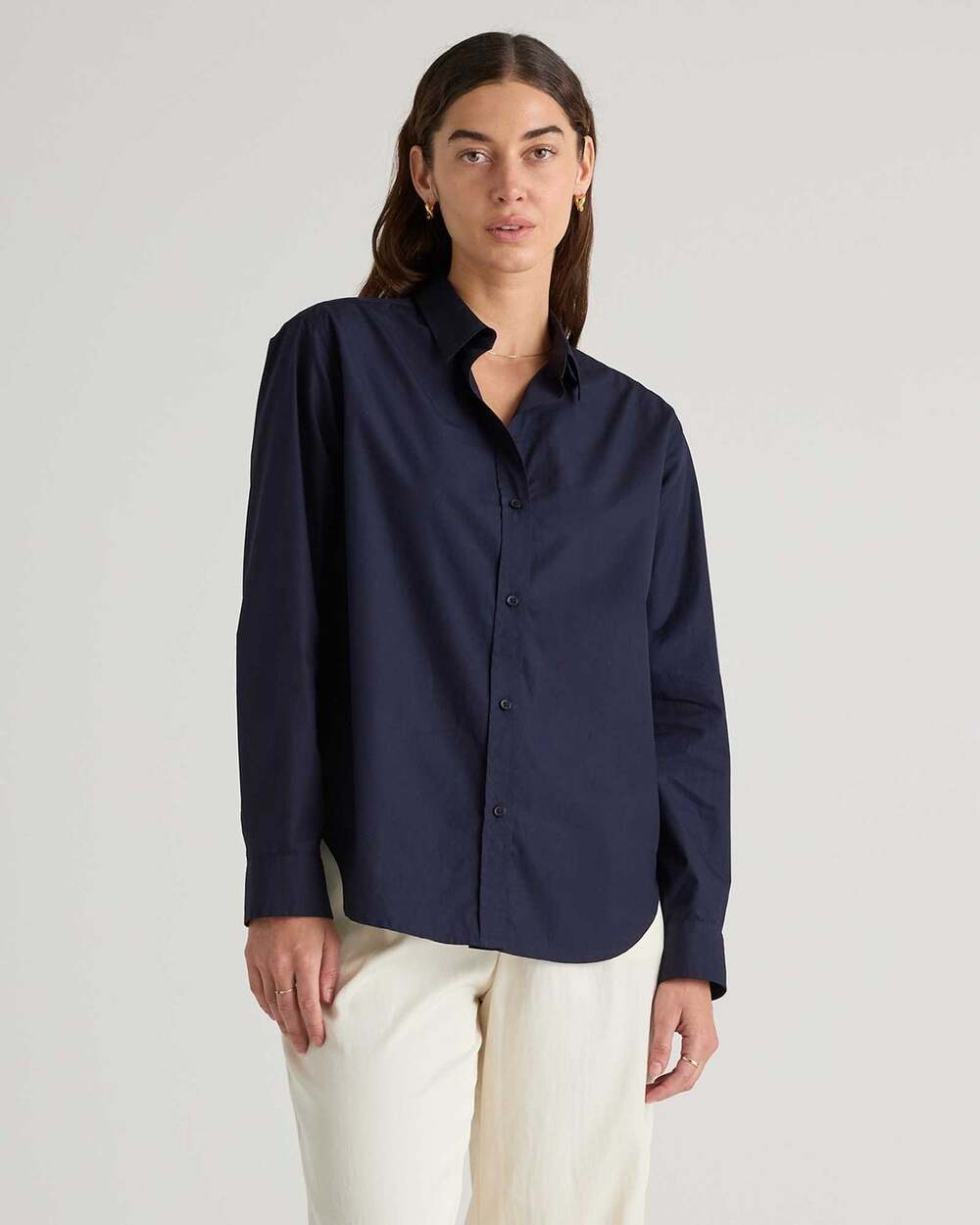 Quince NWT 100% Organic Cotton Poplin Longsleeve Shirt Sz S Navy Blue Button Up
